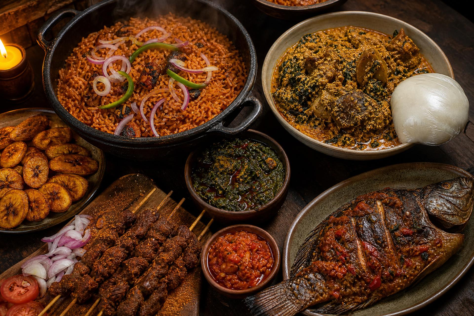 A spread of Nigerian dishes at The Benue: jollof rice, egusi, fried plantain and roast turkey